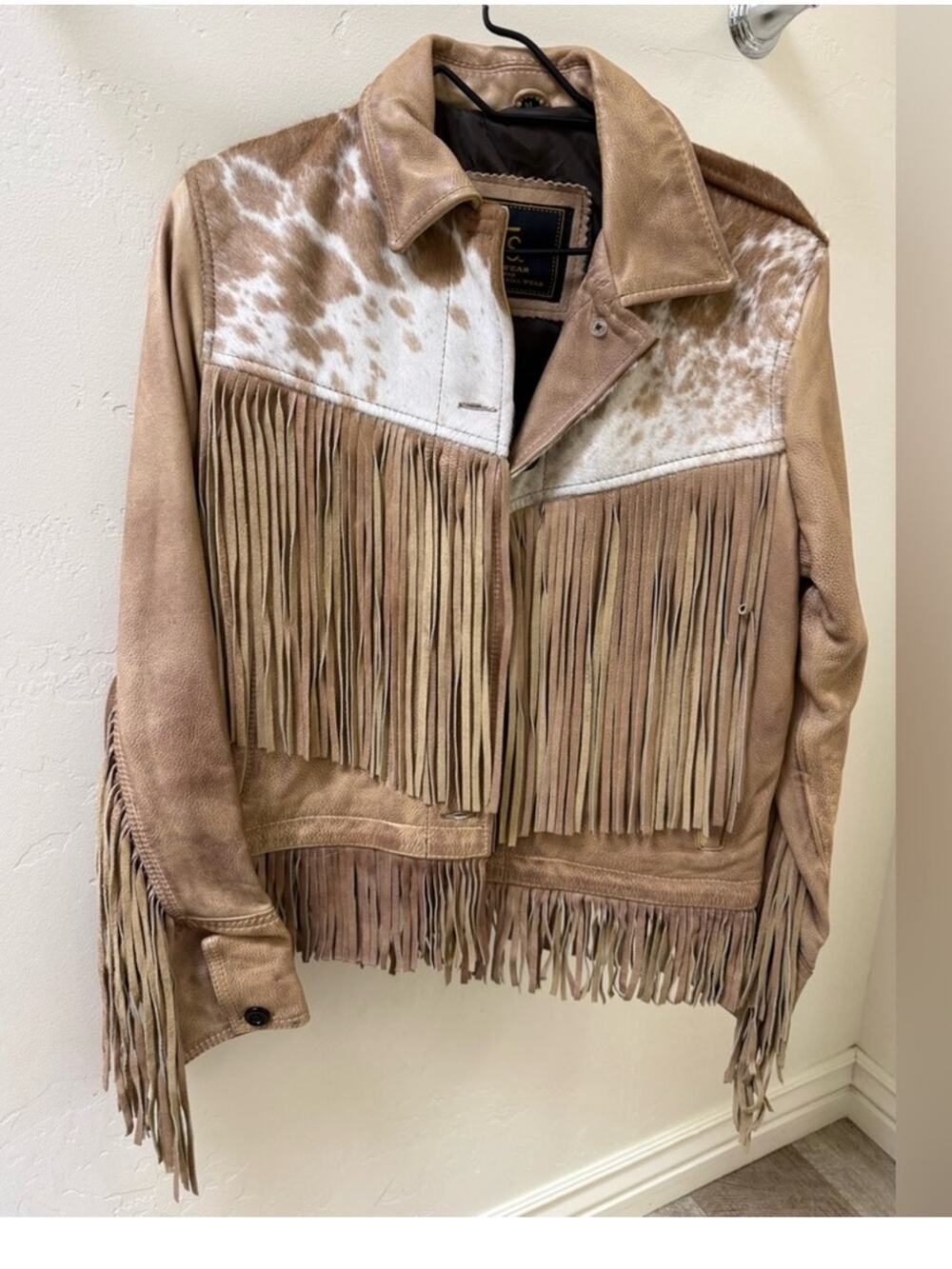 STS Leather Cowhide Western fringe Jacket Tan & White cow print M